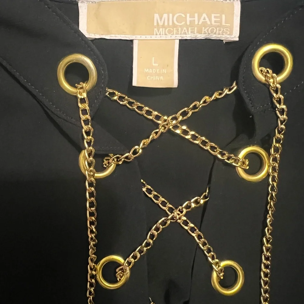MICHAEL KORS Black Chiffon Tunic w Gold-tone Metal Lace Up Front. Large